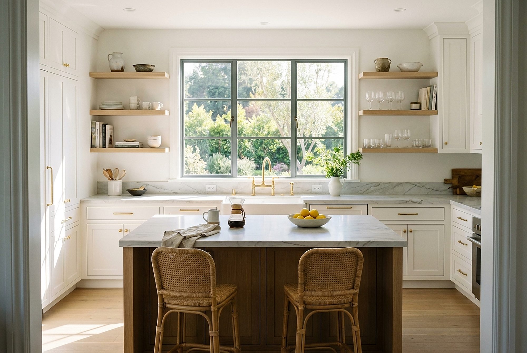 Styled interior scene: bright kitchen with shaker cabinets, white oak, and rattan stools