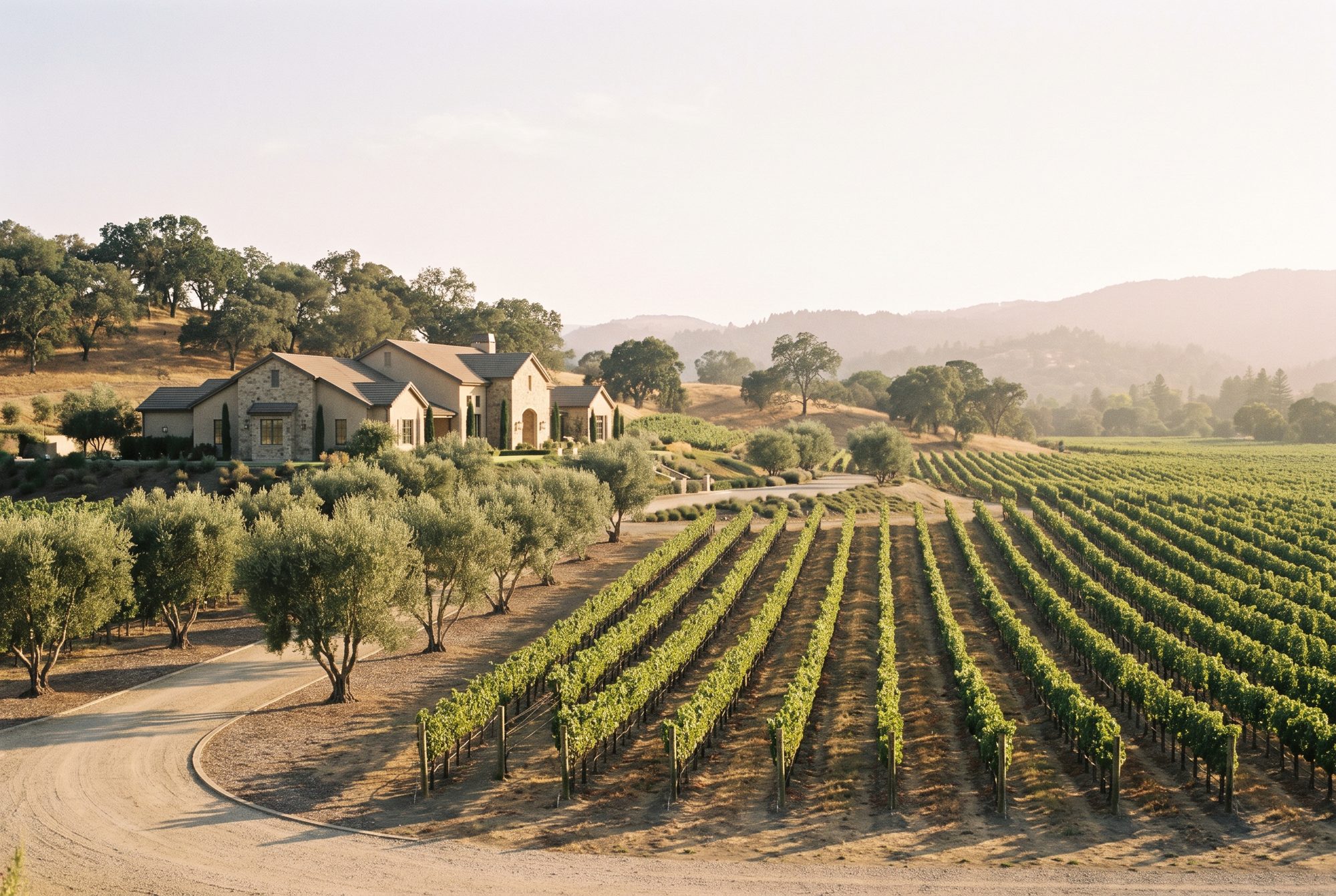 A stone and stucco vineyard estate above rows of vines in golden late-afternoon light in Napa Valley